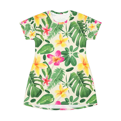 Tropical Floral T-Shirt Dress — All-Over Print Hawaiian Plumeria & Monstera Sage Sundress