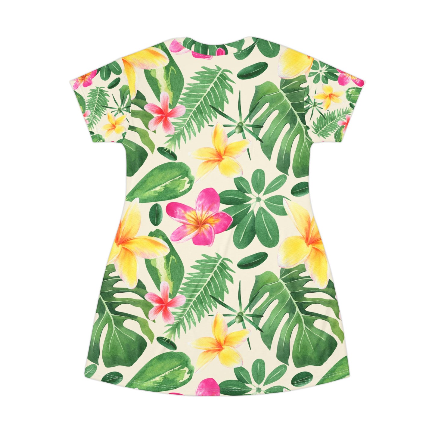 Tropical Floral T-Shirt Dress — All-Over Print Hawaiian Plumeria & Monstera Sage Sundress