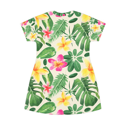 Tropical Floral T-Shirt Dress — All-Over Print Hawaiian Plumeria & Monstera Sage Sundress
