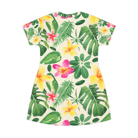 Tropical Floral T-Shirt Dress — All-Over Print Hawaiian Plumeria & Monstera Sage Sundress