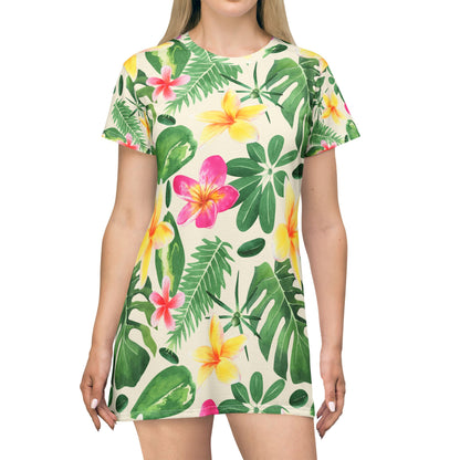 Tropical Floral T-Shirt Dress — All-Over Print Hawaiian Plumeria & Monstera Sage Sundress