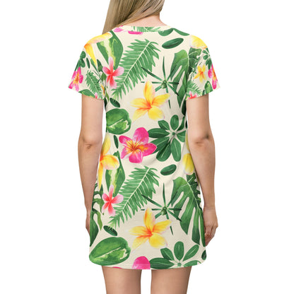 Tropical Floral T-Shirt Dress — All-Over Print Hawaiian Plumeria & Monstera Sage Sundress